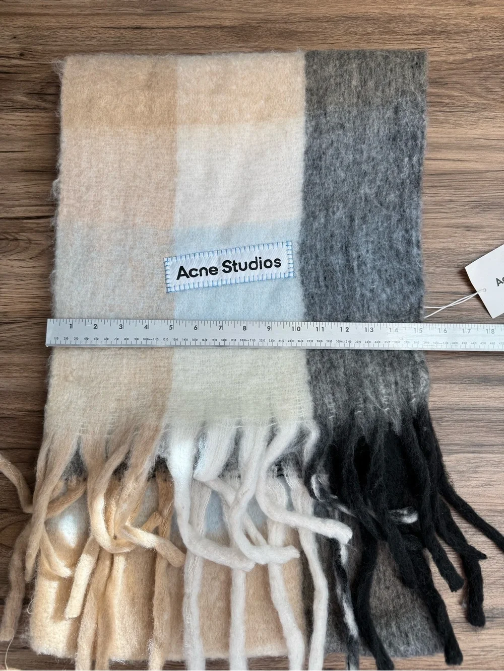 Acne Studios Large Plaid Mohair Scarf Light Blue Beige Grey Fringe Oversized